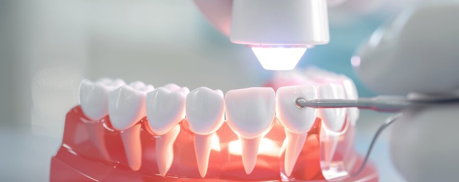 Dental procedure showcasing advanced technology on a set of realistic teeth models in a clinical setting.