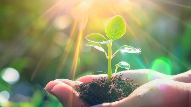 Hand holding small green shoots, symbolizing life and growth. Nature, sunlight, new beginning, organic, earth.