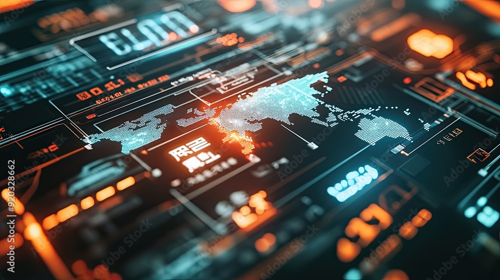Poster digital world map on futuristic interface with glowing data
