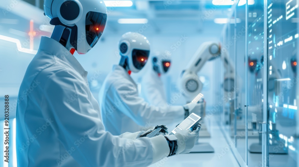Poster futuristic robots perform tasks in a high-tech laboratory setting, showcasing advanced technology an