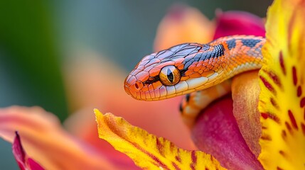 Fototapeta premium Snake on a Flower: A small, colorful snake resting on a bright, blooming flower. 