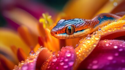 Fototapeta premium Snake on a Flower: A small, colorful snake resting on a bright, blooming flower. 
