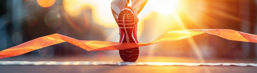 Runner crossing the finish line with determination, celebrating victory at sunset during a competitive race.