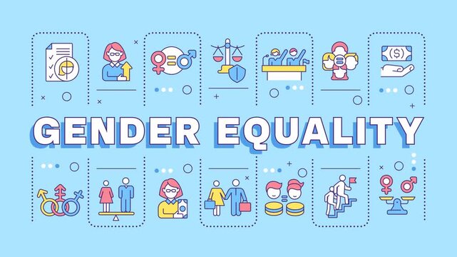 Gender equality word cloud animation. Equal rights. Inclusion tolerance. Social justice, diversity. Animated banner with colorful icons. HD video with alpha channel. Motion graphic