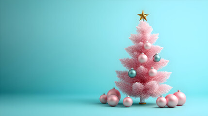 A pastel pink Christmas tree with ornaments on a blue background.
