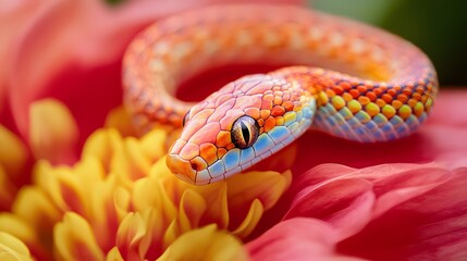 Obraz premium Snake on a Flower: A small, colorful snake resting on a bright, blooming flower. 