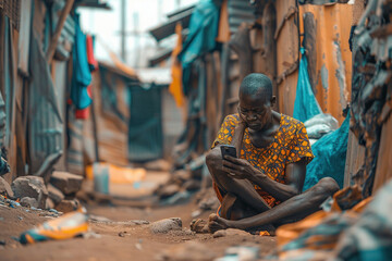 Technology, African culture, Poverty social inequality, digital divide concept. African woman looking at mobile phone in the getto slums. Homeless male engaged with technology