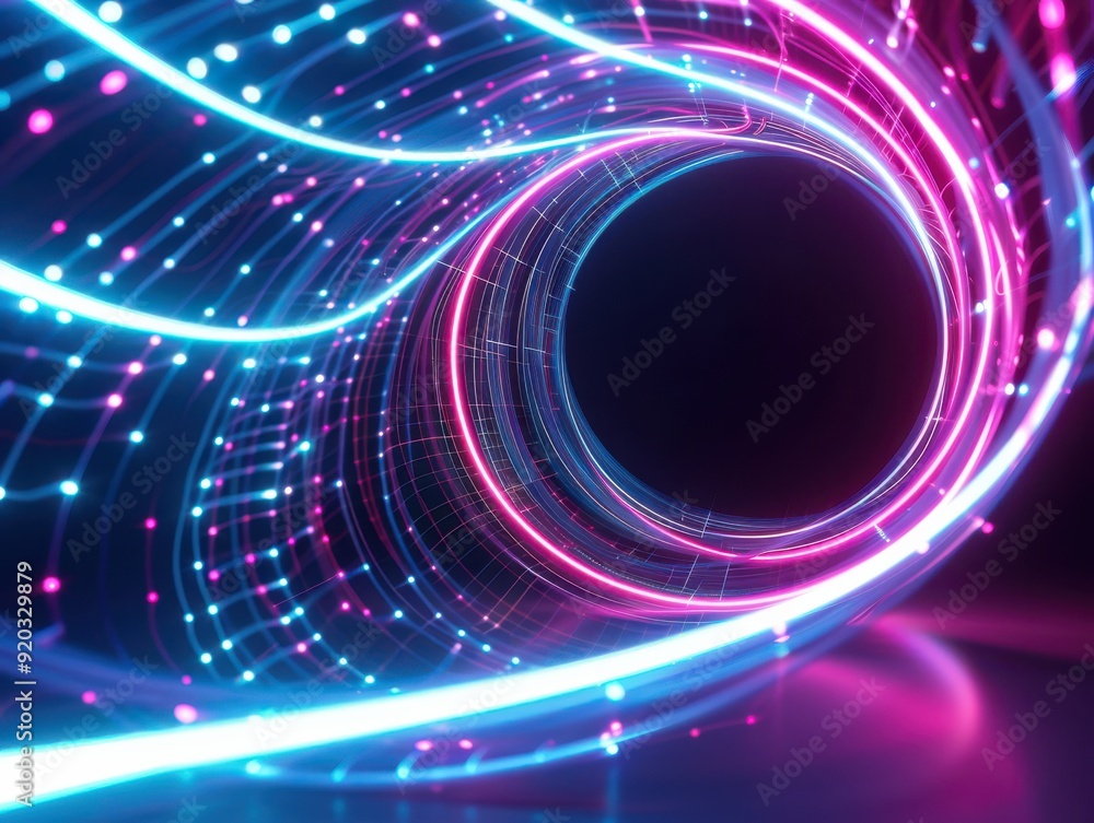Poster vibrant digital tunnel with neon lights, creating a mesmerizing swirl of colors in a futuristic spac