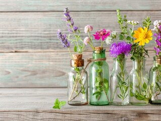 Vibrant flowers in glass bottles on a rustic wooden table create a charming and fresh floral arrangement.
