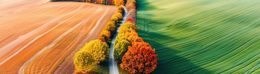 Vibrant autumn landscape featuring colorful trees alongside lush green fields and rolling hills under a clear blue sky.