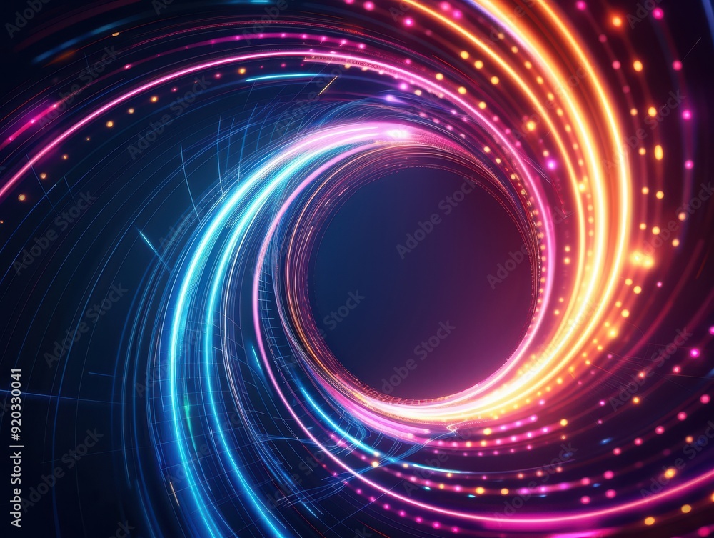 Poster vibrant swirl of neon lights creating a mesmerizing tunnel effect, perfect for technology and abstra