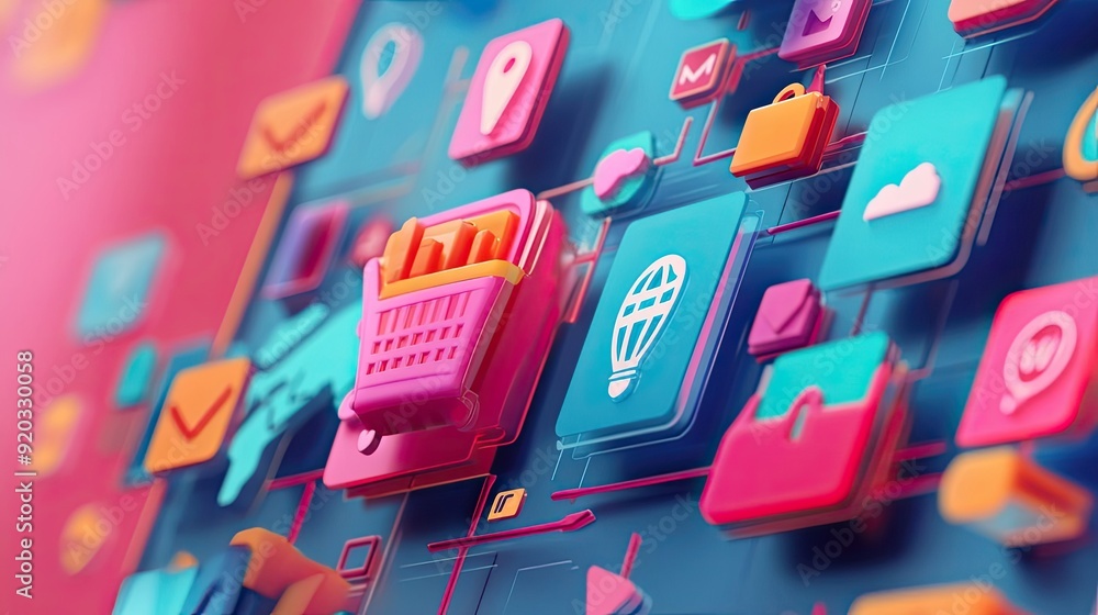 Poster 3d render of colorful icons connected by lines