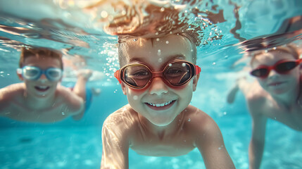 Naklejka premium A little boy swimming underwater with his family in a swimming pool during summer vacation.