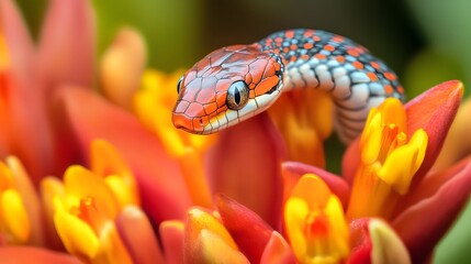 Obraz premium Snake on a Flower: A small, colorful snake resting on a bright, blooming flower. 