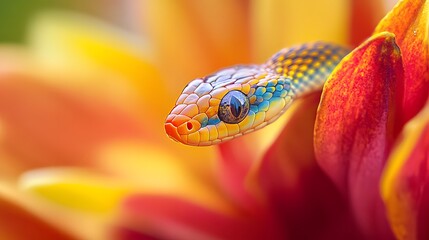 Fototapeta premium Snake on a Flower: A small, colorful snake resting on a bright, blooming flower. 