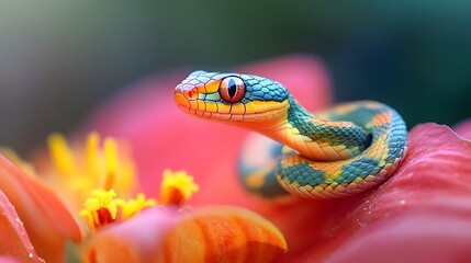 Obraz premium Snake on a Flower: A small, colorful snake resting on a bright, blooming flower. 