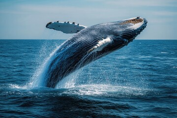 Fototapeta premium Majestic whale emerging from the ocean waterscape.