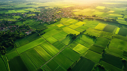 Aerial view of green farmland fields in countryside. Wallpaper background photo for product advertisement, tourism.