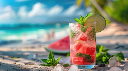 Obraz premium A refreshing beach cocktail garnished with mint leaves and a slice of watermelon, set against a tropical beach backdrop with turquoise waters and a sandy shore.