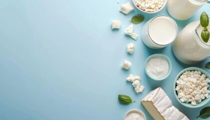 Variety of dairy products arranged on a light blue background with green basil leaves