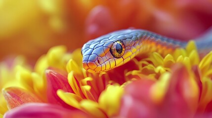 Obraz premium Snake on a Flower: A small, colorful snake resting on a bright, blooming flower. 