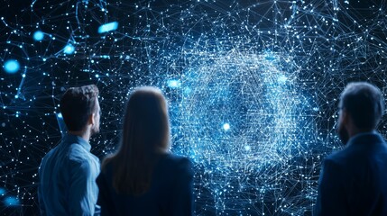 Three professionals observe a digital universe filled with glowing network connections and data points, symbolizing technology and innovation.
