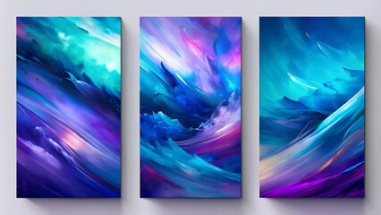 Set of Three Abstract Art Paintings with Blue and Violet Colors and Dynamic Brush Strokes