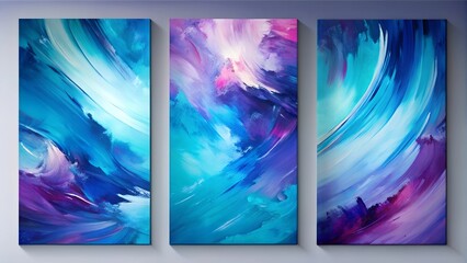 Set of Three Abstract Art Paintings with Blue and Violet Colors and Dynamic Brush Strokes