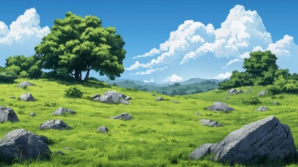 Fototapeta premium Tranquil landscape featuring green grass, rocks, and trees under a bright blue sky with fluffy clouds, perfect for nature themes.