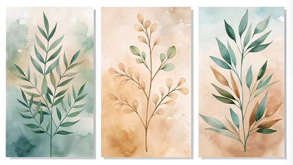 Triptych Botanical Illustrations with Muted Colors and Minimalist Watercolor Backgrounds