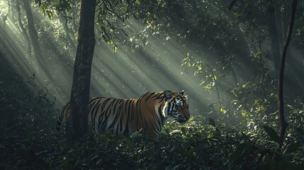 Tiger Walking Through Sunbeams in a Dense Jungle