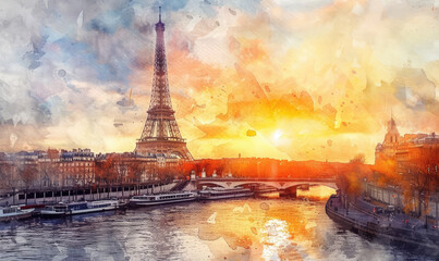 Watercolor The main attraction of Paris and all of Europe is the Eiffel tower in the rays of the setting sun on the bank of Seine river