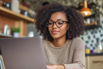 woman wearing glasses is sitting at a table with a laptop in front of her. She is smiling and she is enjoying her work