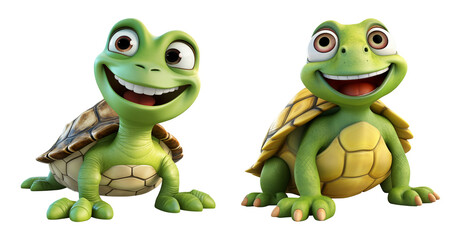 Fototapeta premium Cute Cartoon Turtle Characters Smiling Isolated on White Background