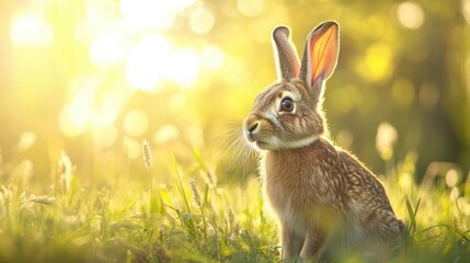 Obraz premium Hare grazing field grass. Generative AI