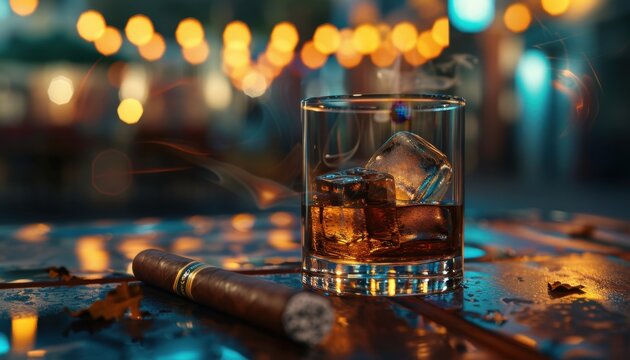 A glass of whiskey with ice and a cigar on a rustic table at a cozy outdoor bar at night