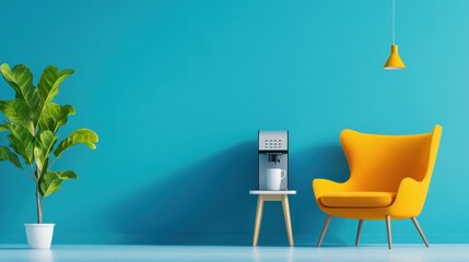 Stylish modern interior featuring a bright yellow armchair, coffee machine on a small table, and a potted plant against a vibrant blue wall.
