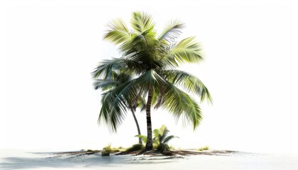 Two palm trees on a small island against a bright background during daylight