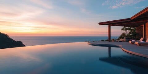 A wide-angle shot of an infinity pool with a scenic ocean view.