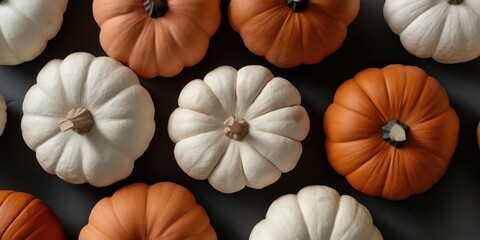 Top-down view of coloured pumpkins in sunlight and shadow arranged on a neutral background