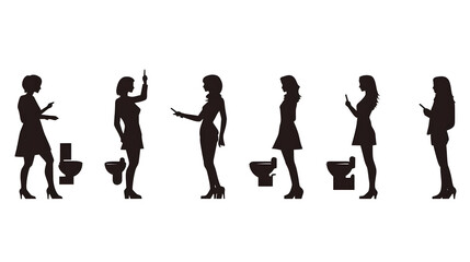 Silhouettes of women interacting with toilets, highlighting various scenarios.