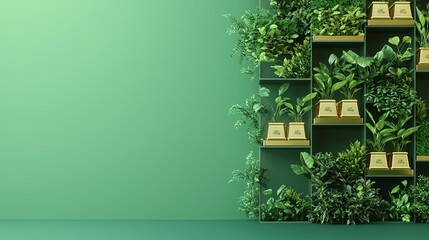 Green finance growth illustrated by a structured arrangement of plants and gold cubes, symbolizing the fusion of wealth and sustainability within a contemporary green setting.