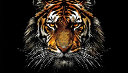 Majestic tiger portrait against a black background showcasing fierce expression and detail