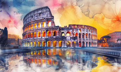 Watercolor Colosseum in Rome at sunrise, Italy, Europe