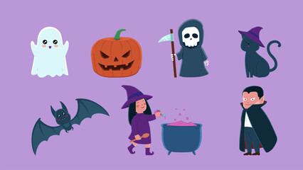 Vector Illustration of Halloween Cute Characters. Halloween Characters Set, Ghost, Pumpkin, Grim Reaper, Black Cat, Bat, Witch, Vampire.