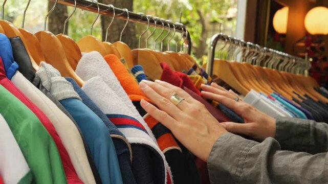 Female hands is picking out clothes from clothing rack in a vintage store, consumerism reduce reuse recycle concept. Chiang Mai, Thailand