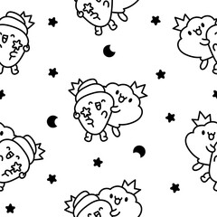 Funny couple seashell cartoon characters. Seamless pattern. Coloring Page. Cute kawaii sea friends. Hand drawn style. Vector drawing. Design ornaments.