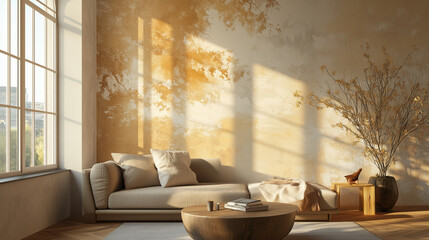 sunset wabi sabi style interior mockup, Japanese minimalistic style, grungy wall, Home interior in Japanese style