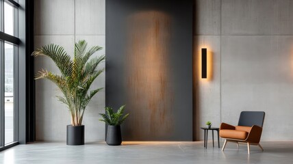 Modern photo zone with a sleek metallic backdrop, artistic light installations, and minimalistic props for a contemporary vibe.
