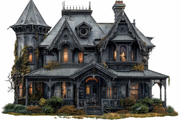 Fototapeta premium A spooky, vintage mansion with dark walls, ivy, and glowing windows, perfect for Halloween or haunted themes.